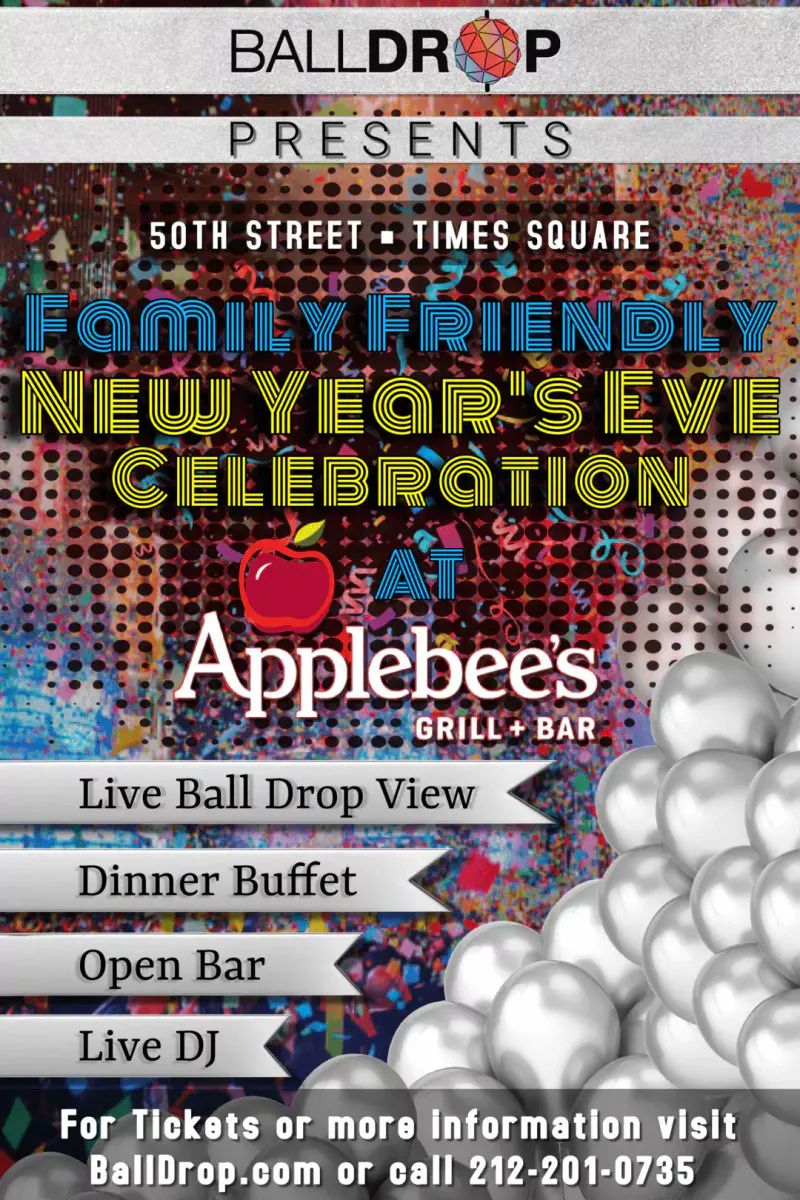 Flyer for the family friendly New Year's Eve celebration at Applebee's on 50th Street in Times Square, with silver balloons