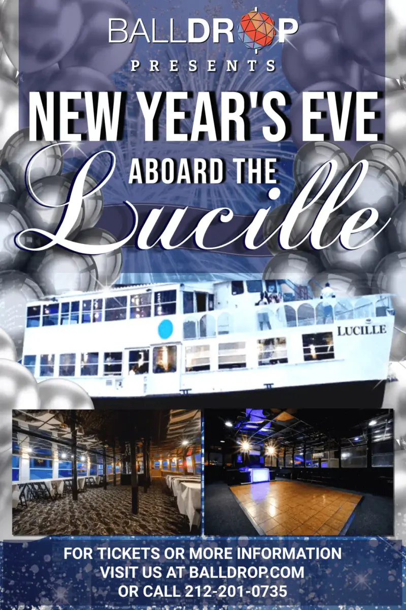 Flyer for New Year's Eve aboard the Lucille yacht with photos of the boat, dining deck and dance floor