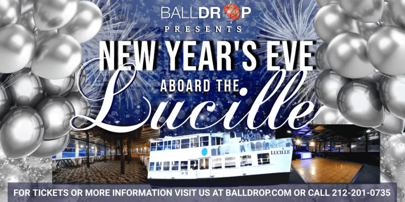 Flyer for New Year's Eve aboard the Lucille yacht with silver balloons, fireworks and photos of the boat and dance floor