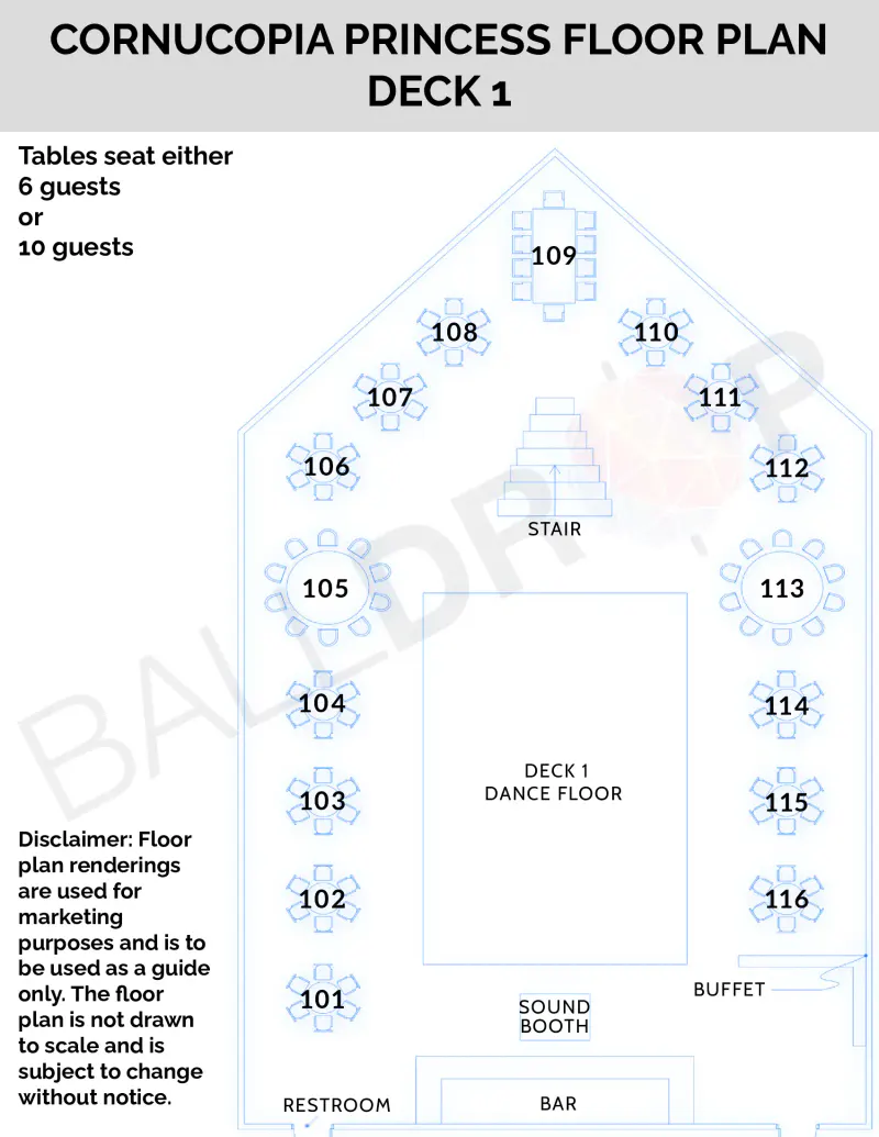 Deck 1 floor plan of the Cornucopia Princess cruise showing numbered tables around a dance floor, bar, buffet and stairs