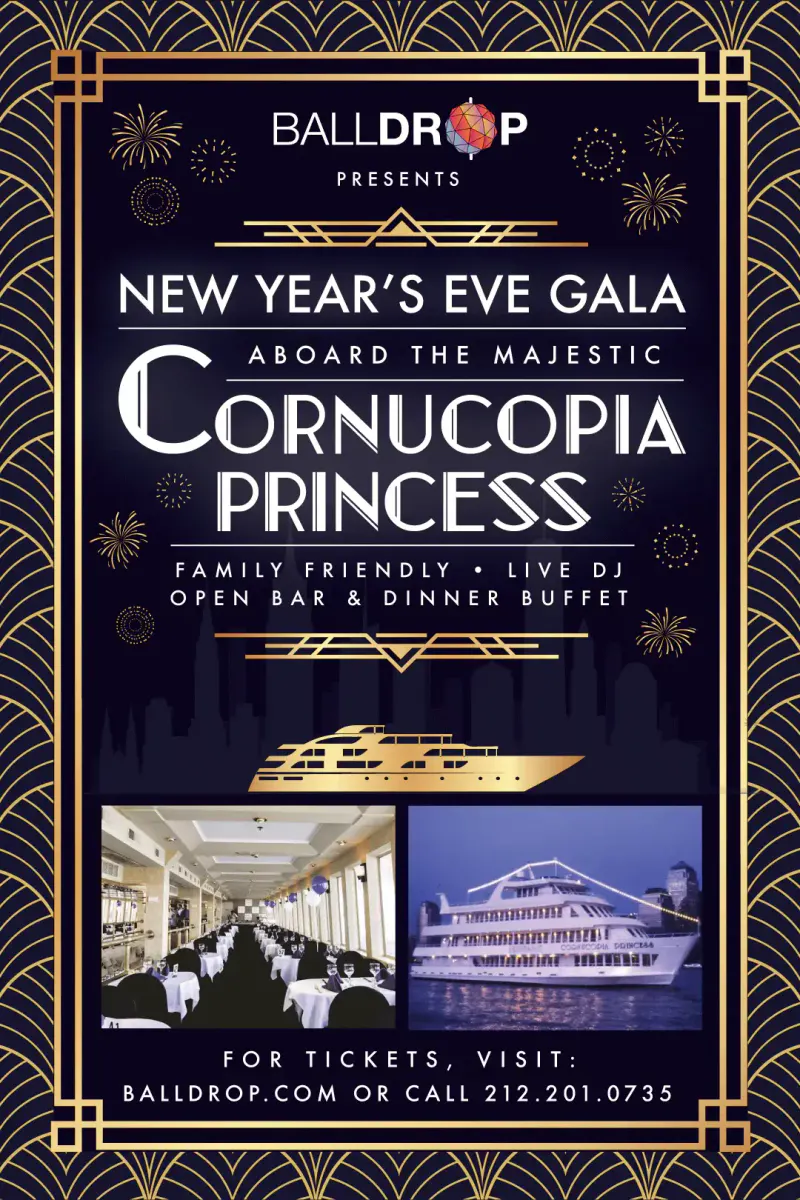 Art deco flyer for the Cornucopia Princess New Year's Eve gala cruise with photos of the dining room and lit yacht