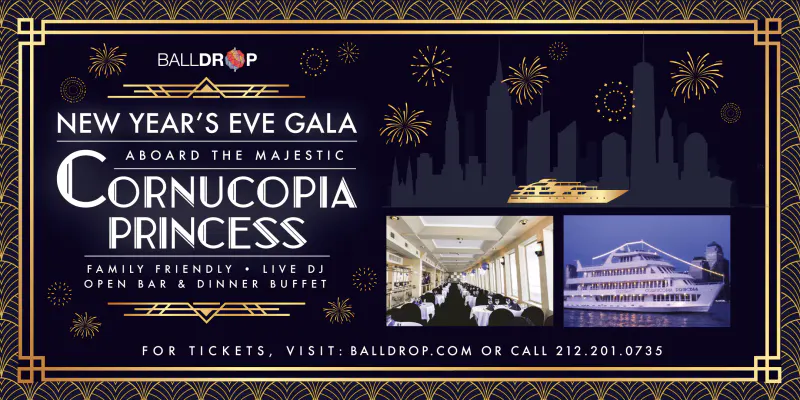 Flyer for the Cornucopia Princess New Year's Eve gala cruise with skyline fireworks, dining room and yacht photos