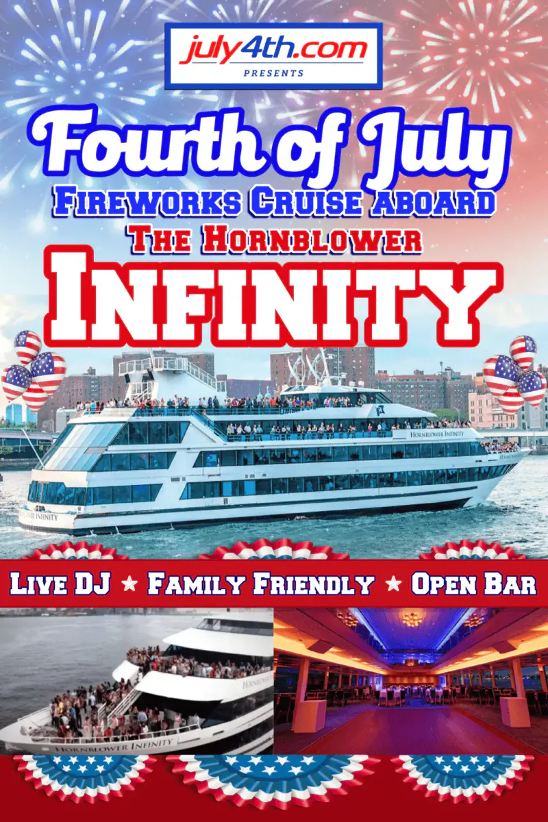 Flyer for the Fourth of July fireworks cruise aboard the Hornblower Infinity with the yacht, crowded deck and interior dining