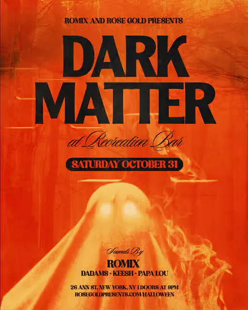 Flyer for Dark Matter Halloween party at Recreation Bar with ghostly orange figure and DJ lineup