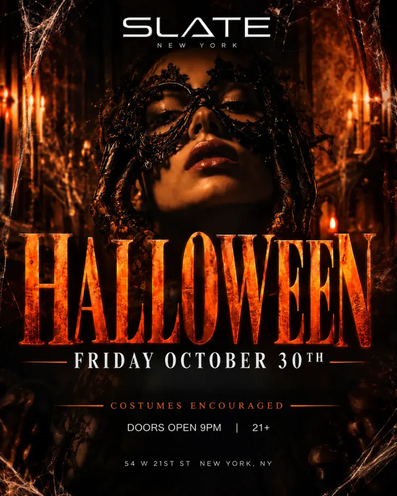 Flyer for the Halloween party at Slate New York with a woman in a black lace masquerade mask and cobwebs