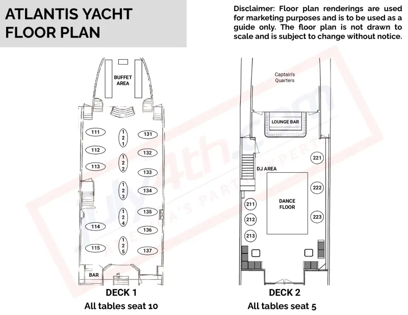 Floor plan of the Atlantis Yacht showing Deck 1 table numbers with buffet and bar, and Deck 2 dance floor, DJ area and lounge