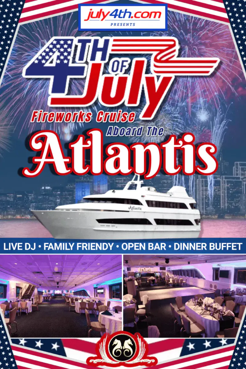 Flyer for the 4th of July fireworks cruise aboard the Atlantis yacht, with fireworks, skyline and dining decks