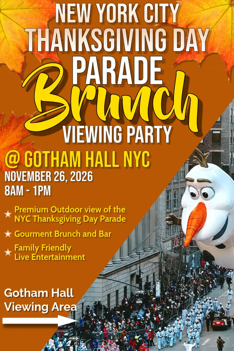 Flyer for the NYC Thanksgiving Day Parade viewing brunch at Gotham Hall, with a snowman balloon over the parade crowd