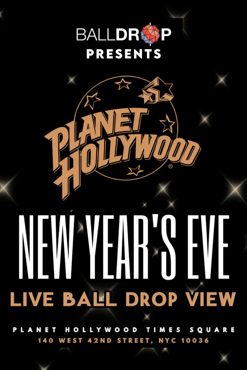 Flyer for the Planet Hollywood Times Square New Year's Eve party with live ball drop view, gold stars on black