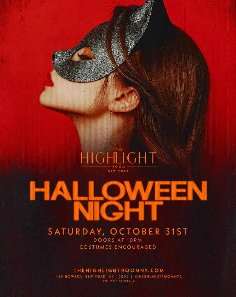 Flyer for Halloween Night at The Highlight Room with a woman in a glittery cat mask on red