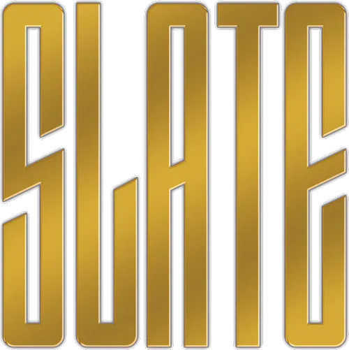 Logo for Slate NY, the venue name in tall gold lettering on white